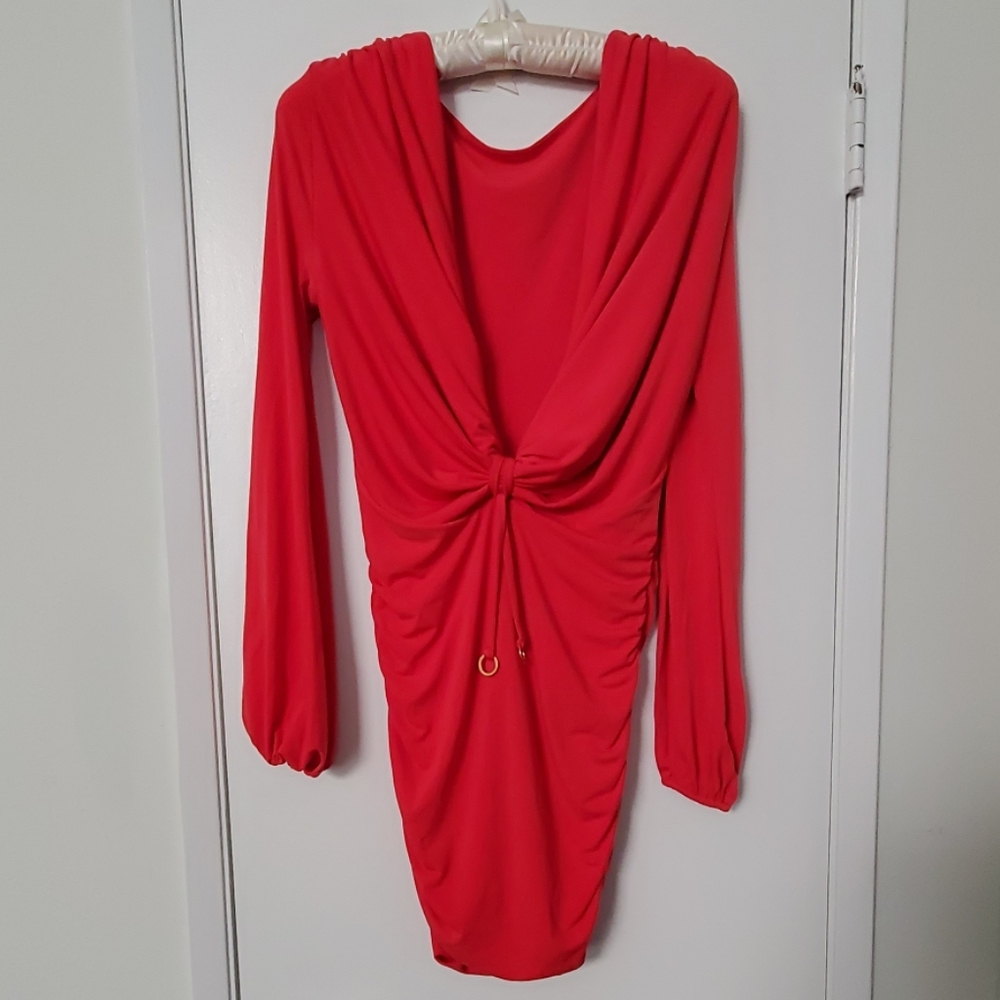 Coral Long Sleeved/Low Cut Dress
